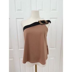 Masavi Brown Black Buckle Modal Blend Asymmetric Woven One Shoulder Top Small
